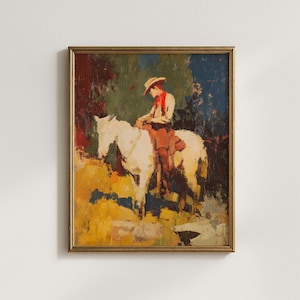 Abstract Cowboy on Horse Print, Modern Western Wall Art, Rustic Oil Painting, Southwest Decor, Colorful Horse Poster, Digital Download