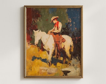 Abstract Cowboy on Horse Print, Modern Western Wall Art, Rustic Oil Painting, Southwest Decor, Colorful Horse Poster, Digital Download