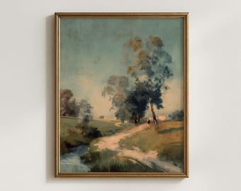 Vintage Country Road Print, Serene River Landscape, Rustic Farmhouse Wall Art, Nature Oil Painting, Tree Poster, Digital Download