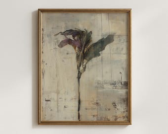 Abstract Floral Wall Art, Moody Botanical Oil Painting Print, Mixed Media Sketch, Digital Download