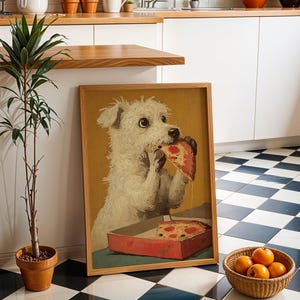 May include: A framed print shows a white dog enjoying a slice of pizza from a red box. The artwork has a vintage style, with a warm color palette. A small potted plant and a basket of oranges are in the foreground.