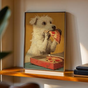 May include: A framed art print shows a white dog enjoying a slice of pizza. The dog, with shaggy fur, is holding the pizza slice. A red pizza box containing a pizza is also visible in the image.