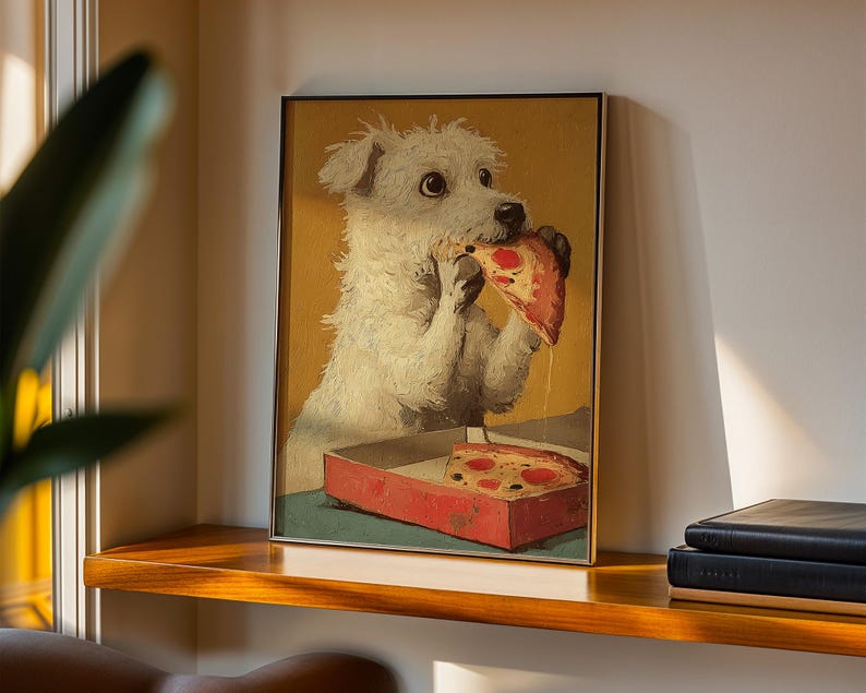 May include: A framed art print shows a white dog enjoying a slice of pizza. The dog, with shaggy fur, is holding the pizza slice. A red pizza box containing a pizza is also visible in the image.