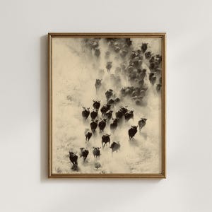 May include: Sepia-toned framed print depicting a herd of animals running through a dusty environment. The animals are dark silhouettes, creating a sense of movement and energy. The frame is a warm gold color.