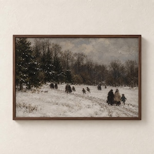 Kall vinterparktryck, vintage snölandskap, stämningsfull neutral vinterdekor, rustik skogsmark utskrivbar, digital nedladdning