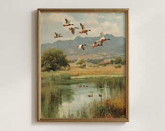 Vintage Flying Ducks Print | Rustic Countryside Landscape Oil Painting | Farmhouse Wall Decor | Mallard Duck Marsh Art | Cabin Poster