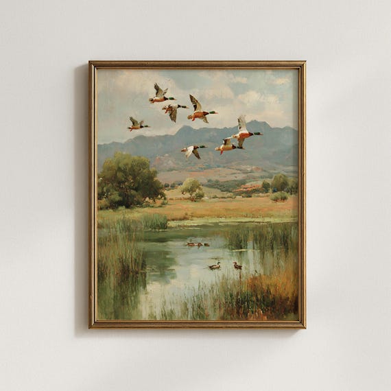 Vintage Flying Ducks Print | Rustic Countryside Landscape Oil Painting | Farmhouse Wall Decor | Mallard Duck Marsh Art | Cabin Poster