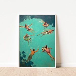 Vintage Swimmers Print | Turquoise Pool Wall Art | Retro Summer Vacation Decor | Textured Oil Painting Style | Ocean Prints Digital Download