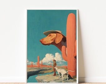 Surreal Dachshund Cowboy Print, Giant Dog Western Wall Art, Retro Orange Cactus Poster, Funny Weiner Dog Gift, Texas Decor, Digital Download