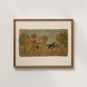 Könnte beinhalten: Gerahmtes Kunstwerk mit einer ländlichen Szene. Das Kunstwerk zeigt ein Haus, Bäume, Blumen und ein Pferd. Die Farbpalette umfasst Brauntöne, Grün, Rot und Blau. Das Kunstwerk ist in einem goldfarbenen Rahmen gerahmt.