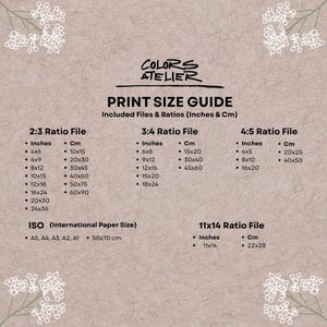 May include: A beige print size guide from Colors Atelier, listing print sizes in inches and centimeters. Includes 2:3, 3:4, 4:5, and 11x14 ratio files, as well as ISO international paper sizes. The text is in black.