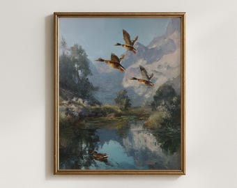 Arte imprimible de patos voladores, pintura de paisaje campestre vintage, arte rústico para pared, pintura al óleo de ánade real, descarga digital