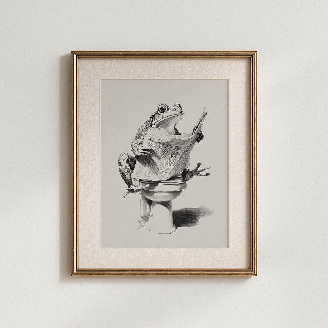 Funny Frog on Toilet Art | Retro Animal Reading Newspaper | Vintage ...