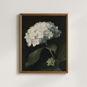Stimmungsvolle Hortensie Ölgemälde, Vintage weiße Blumen Druck, Dark Academia Wandkunst, Antikes botanisches Poster, Blumenstillleben, Digital