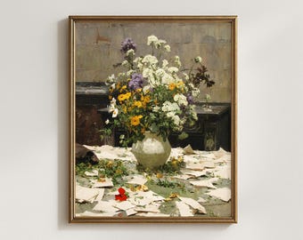 Vintage Floral Still Life Print | Rustic Wildflower Oil Painting | Moody Cottagecore Wall Decor | Farmhouse Art | Antique Botanical Poster