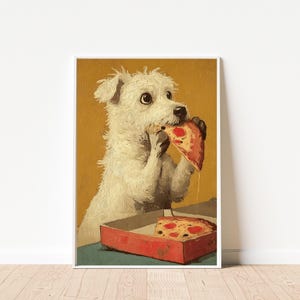 May include: A framed print depicting a white dog enjoying a slice of pizza. The dog is the focal point, with a red pizza box in front. The background is a mustard yellow colour.