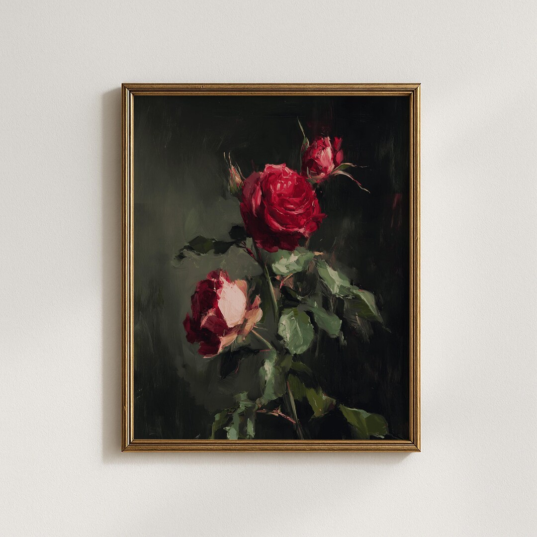 Ruby Roses Print Vintage Red Roses Print | Moody Dark Floral Oil Painting | Romantic ...