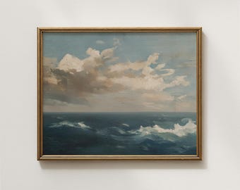 Antique Seascape Oil Painting Print, Vintage Ocean Wall Art, Moody Beach Scene Poster, Coastal Farmhouse Decor, Digital Download