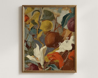 Vintage Abstract Floral Print, Colorful Impasto Oil Painting, Eclectic Botanical Wall Art, Moody Maximalist Poster, Textured Flower Art