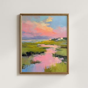 Pink Marsh Sunset Print, Coastal Lowcountry Wall Art, Pastel Beach House Decor, Impressionist Wetland Painting, Digital Download
