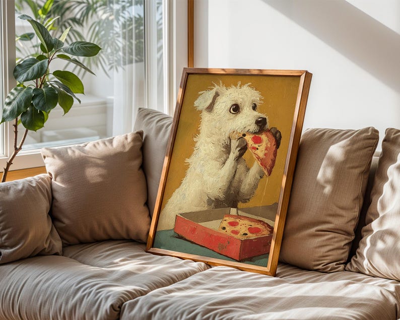 May include: A framed print shows a white dog enjoying a slice of pizza from a red box. The dog has a surprised expression, with pizza sauce dripping. The artwork is set against a yellow background.