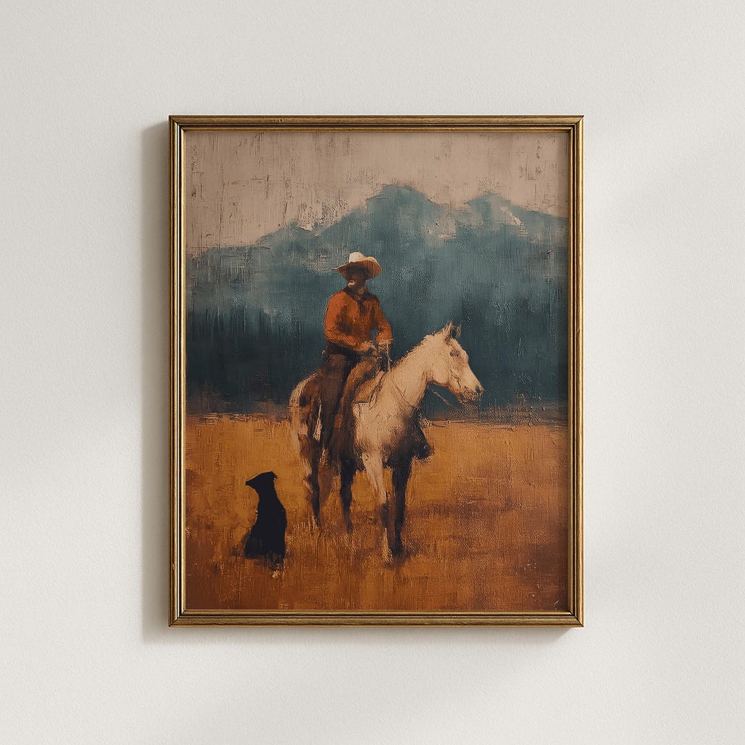 Vintage Western Cowboy Print | Rustic Horse Oil Painting | Ranch Wall ...