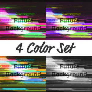Könnte beinhalten: Ein digitales Kunstwerk mit vier Panels, die jeweils ein "Future Background" Design zeigen. Jedes Panel zeigt horizontale Linien in verschiedenen Farben, darunter Pink, Grün und Blau, vor einem dunklen Hintergrund. Der Text "4 Color Set" befindet sich in der Mitte.