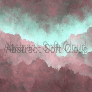 Puede incluir: Obra de arte digital abstracta con un diseño de nube suave. La obra presenta una mezcla de colores, incluyendo tonos de rosa, verde azulado y gris. El texto "Abstract Soft Cloud" está superpuesto en la imagen.