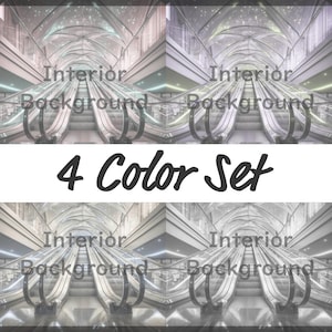 May include: Four images of an interior background with escalators, in a set of four different color schemes. The text "Interior Background" is displayed above the escalators in each image. The text "4 Color Set" is displayed in the center of the image.