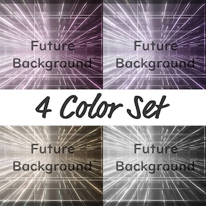 Könnte beinhalten: Ein Satz von vier digitalen Hintergründen mit futuristischem Design. Jeder Hintergrund zeigt ein Rastermuster mit strahlenden Lichtstrahlen in Lila-, Silber-, Gold- und Schwarztönen. Der Text "Future Background" wird auf jedem Bild angezeigt, darunter "4 Color Set".