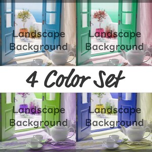 May include: A composite image showing four colour variations of a scene. Each scene features a white teapot, teacups, and a view through open doors with the text "Landscape Background". The text "4 Color Set" is also present.