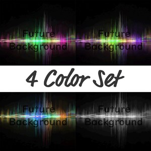 May include: A set of four digital art backgrounds with a futuristic theme. Each background features a colorful, vertical sound wave design against a black backdrop. The text "Future Background" is displayed on each image, with the words "4 Color Set" in the center.
