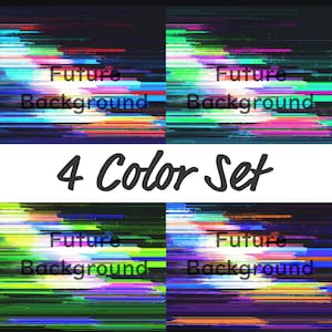 Könnte beinhalten: Vier digitale Kunsthintergründe mit Glitch-Effekt. Jeder Hintergrund zeigt horizontale Farblinien, darunter Rot, Blau, Grün und Gelb, vor einem schwarzen Hintergrund. Der Text "Future Background" wird auf jedem Bild angezeigt, darunter "4 Color Set".