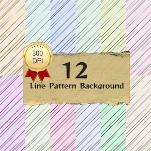 May include: A digital art piece featuring twelve line pattern backgrounds in various colors. The backgrounds include diagonal lines in shades of gold, blue, green, pink, and purple. A gold seal with a red ribbon and the text "300 DPI" is in the upper left corner. The text "12 Line Pattern Background" is in the center.