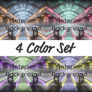May include: A set of four images showcasing interior backgrounds with escalators and colorful lighting. The text "Interior Background" is overlaid on each image, with the words "4 Color Set" prominently displayed.