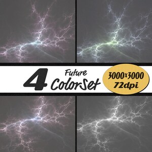 May include: Digital artwork comprising four panels, each displaying abstract, lightning-like patterns in grey, purple, and green hues. The text "4 Future ColorSet" is in black, with a gold circle indicating the image size and resolution.