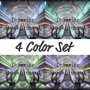 Op de afbeelding: Een samengestelde afbeelding met vier variaties van een interieurachtergrond. Elke sectie toont een roltrap in een modern gebouw, met verschillende kleurenschema's: teal, roze, groen en paars. De tekst "4 Color Set" is prominent aanwezig.