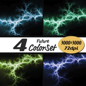 Puede incluir: Obra de arte digital con cuatro paneles que muestran diseños de rayos en varios colores: azul, verde y morado. Se muestra el texto "4 Future ColorSet", junto con las dimensiones y la resolución.