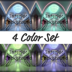 Op de afbeelding: Een digitale afbeelding met vier variaties van een interieurachtergrond. Elke scène bevat een roltrap, bogen en een kleurenschema van blauw, roze, groen en paars. De tekst "Interior Background" en "4 Color Set" is zichtbaar.