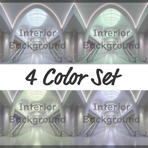 Op de afbeelding: Afbeelding met vier panelen met een interieurachtergrond met roltrappen en gewelfde plafonds. De tekst "Interior Background" staat over elk paneel. De woorden "4 Color Set" zijn in een cursief lettertype geschreven.