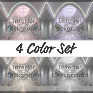 Op de afbeelding: Vier afbeeldingen van een interieurachtergrond met roltrappen en gewelfde plafonds. Elke afbeelding heeft een ander kleurenschema: roze, paars, groen en grijs. De tekst "Interior Background" en "4 Color Set" worden weergegeven.