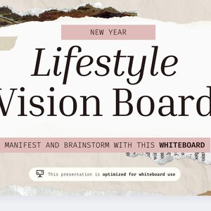 Puede incluir: Diseño de tablero de visión digital con el texto "Lifestyle Vision Board" en negrita. El diseño incluye colores pastel, texturas de papel rasgado y una margarita. También se incluye el texto "Manifiesta y haz una lluvia de ideas con esta pizarra".