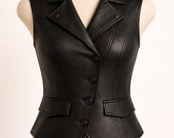 Women Leather Vest Tailored Sleeveless Blazer Style Waistcoat Top