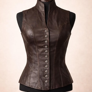 Women Leather Vest Fitted Button Front Sleeveless Waistcoat Top image 1