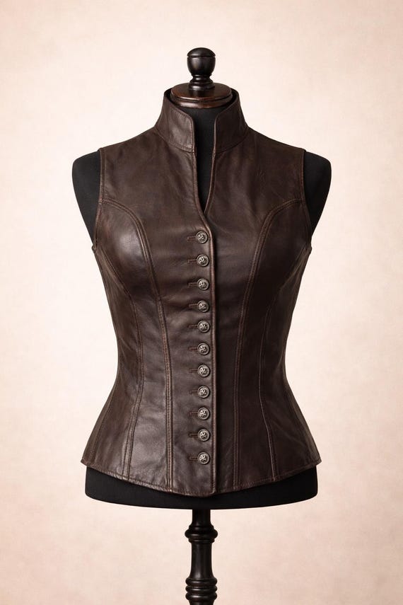 Women Leather Vest Fitted Button Front Sleeveless Waistcoat Top