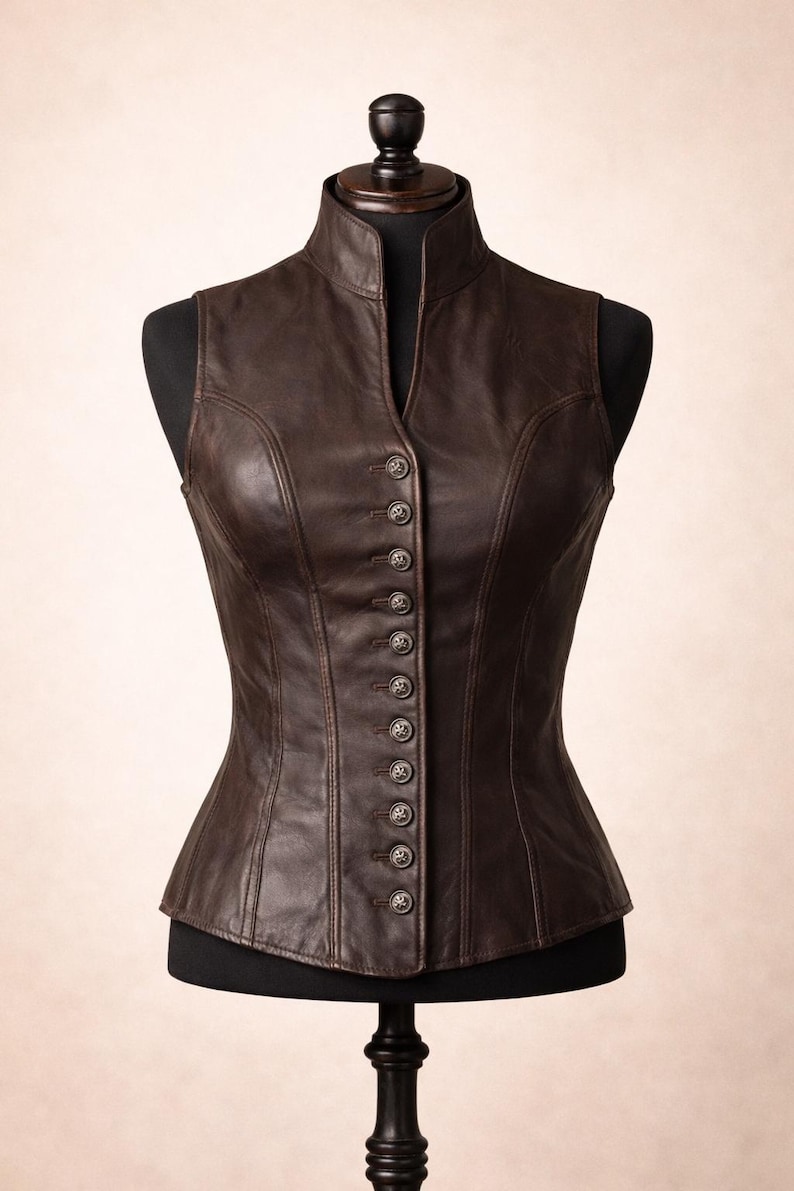 Women Leather Vest Fitted Button Front Sleeveless Waistcoat Top image 1