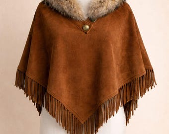 Women Suede Poncho With Fur Trim Fringe Western Cape Winter Shawl