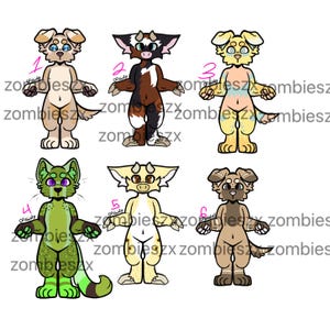 May include: A digital illustration featuring six anthropomorphic animal characters. Each character has a unique design, with variations in color and style. The characters are numbered and labeled with the text "zombiesx".