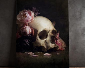 Konsttryck med mörk akademiska dödskalle, gotisk memento mori-dekor