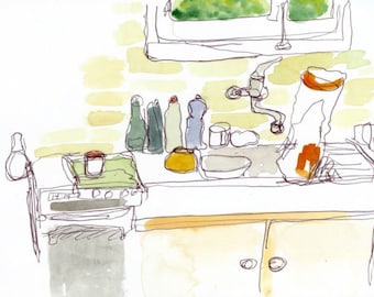 Cuisine, La Cuisine, imprimé dessin à l’aquarelle